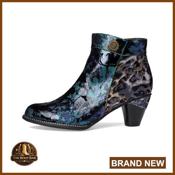 Floral Suede Ankle Booties with Velvet and Side Zipper, Mid-Heel